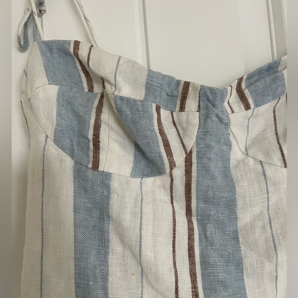 Reformation blue white brown mini linen dress with bustier and tied straps - Picture 4 of 6